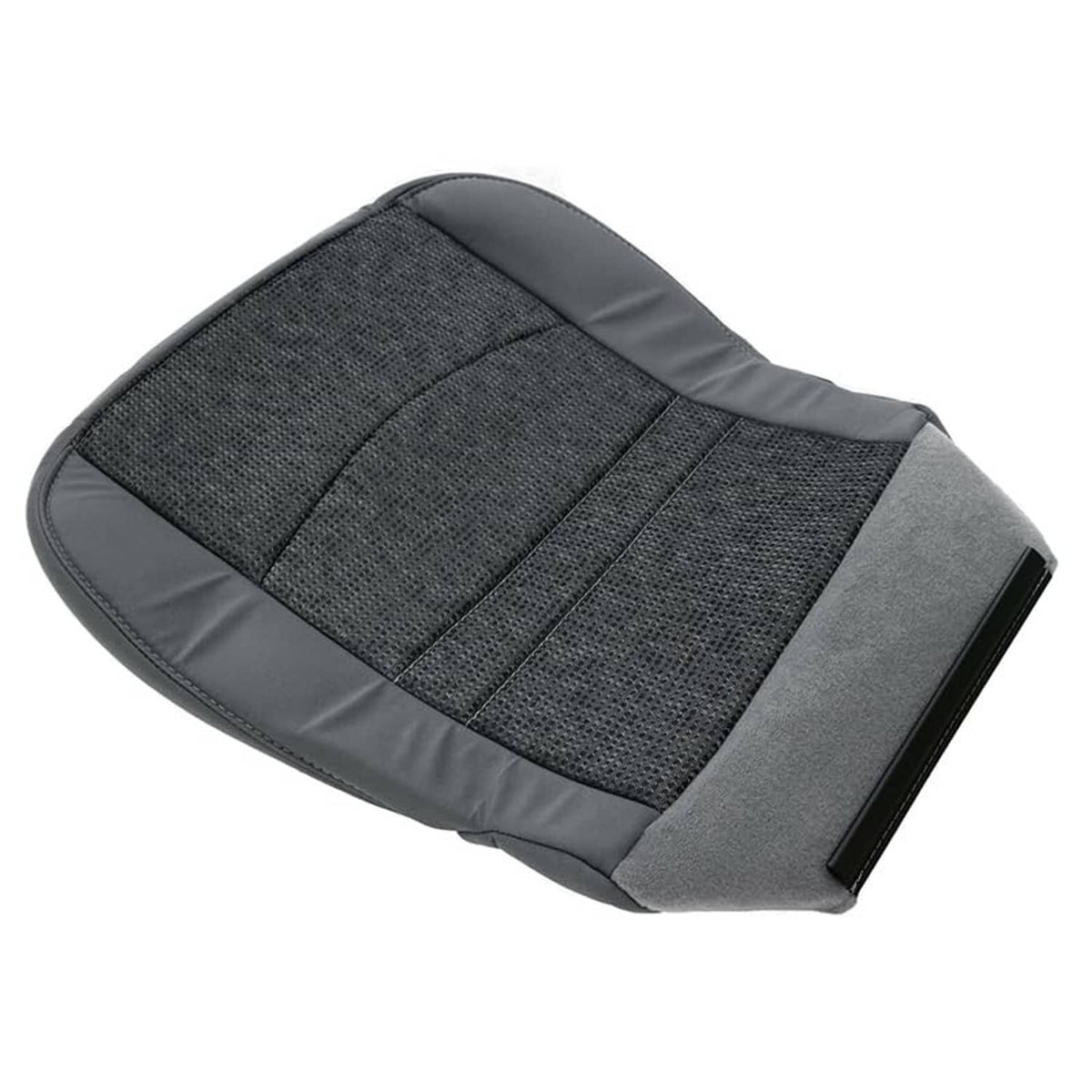 Gray fabric seat cover with textured top panel and stitched edge piping