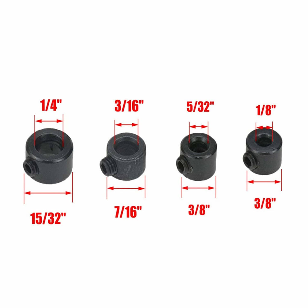 Black drill bit depth stop collar set, stacked with different collar heights