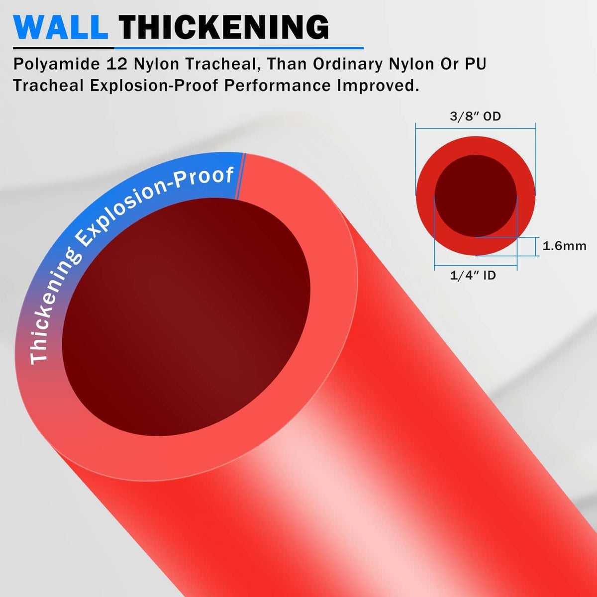 Red nylon air hose cross-section diagram, 3/8 in OD, 1/4 in ID, 1.6mm wall.