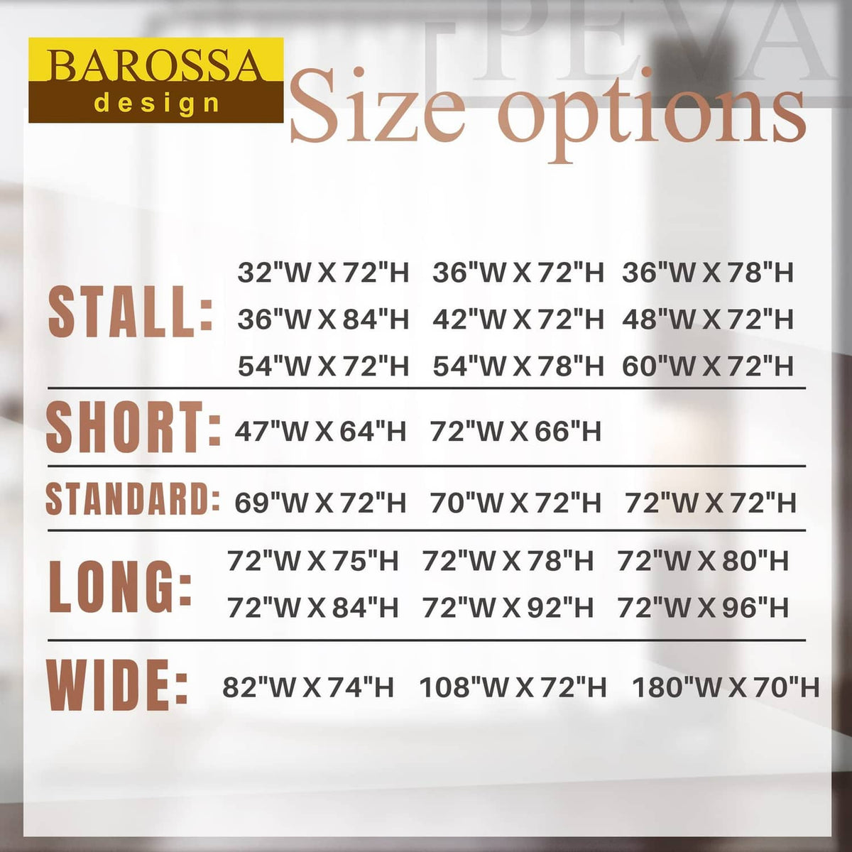 Shower curtain liner size options chart with multiple width and height choices.