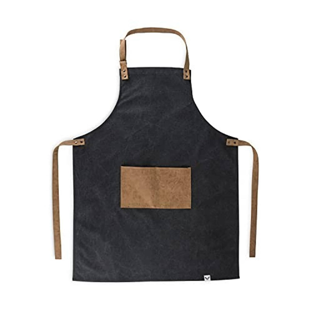Dark charcoal men's apron with tan faux leather neck straps and rectangular front pocket