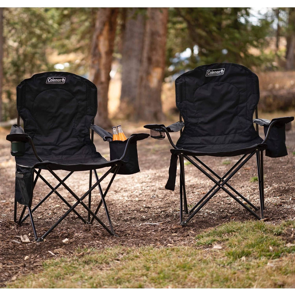 Coleman quad camp chairs, black cushioned seats with foldable armrests and cooler pockets