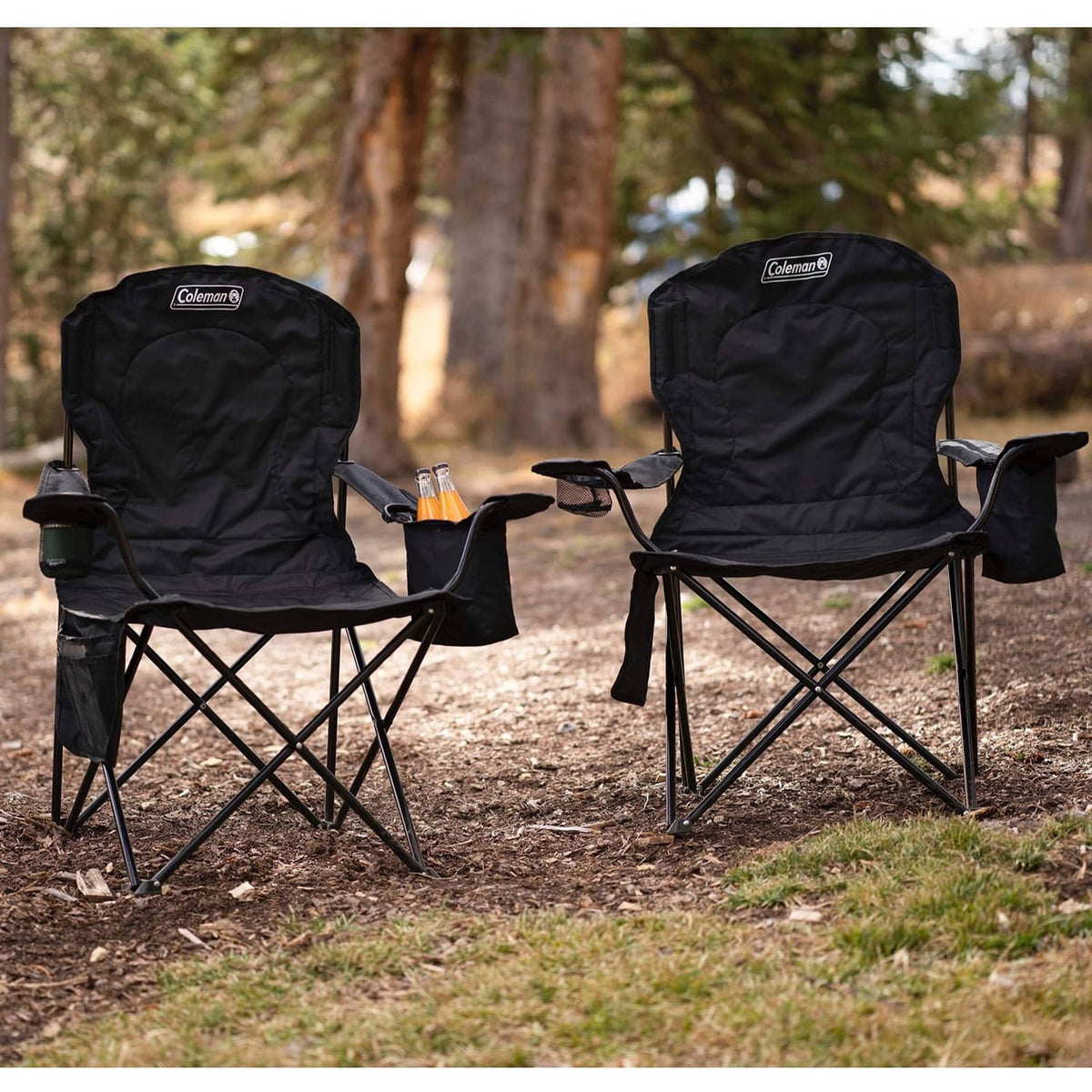 Coleman quad camp chairs, black cushioned seats with foldable armrests and cooler pockets