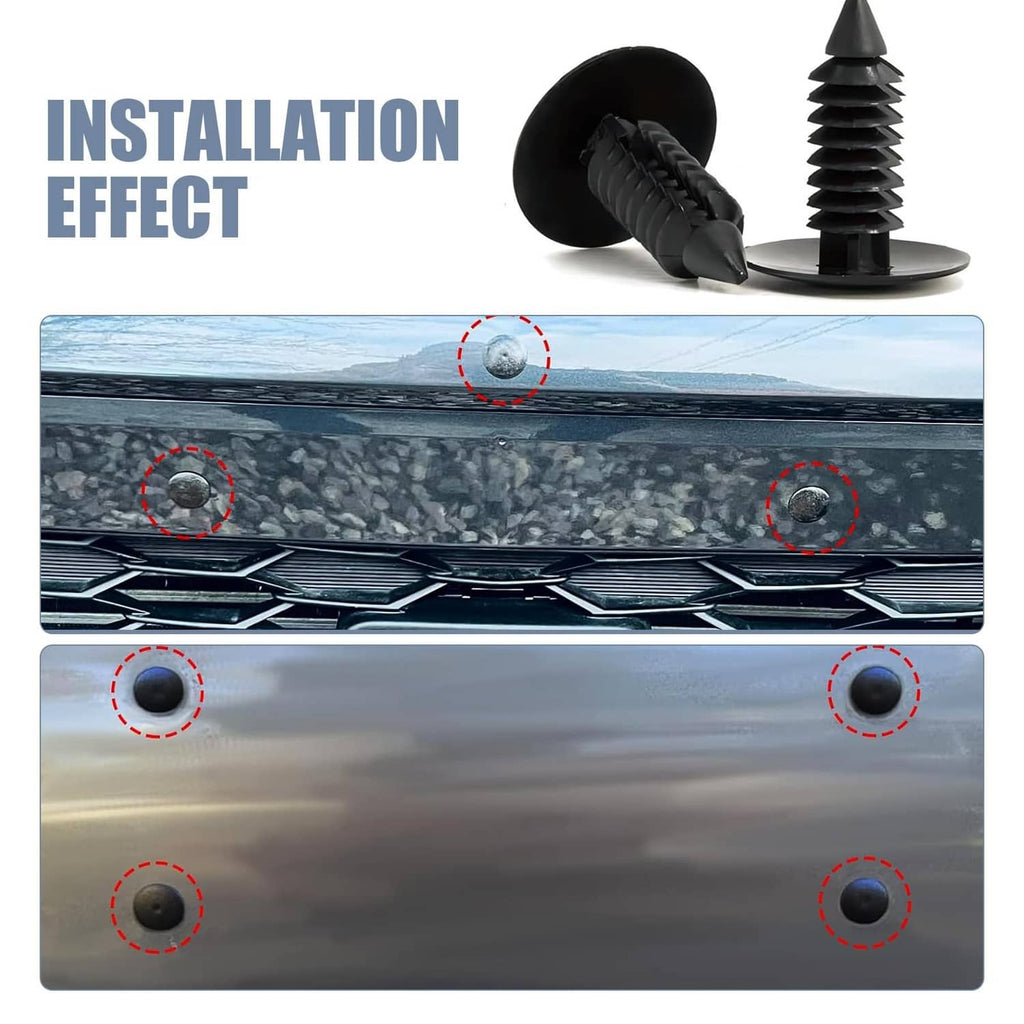 Black bumper license plate hole plug pair showing push-in pin and ridged threaded stem