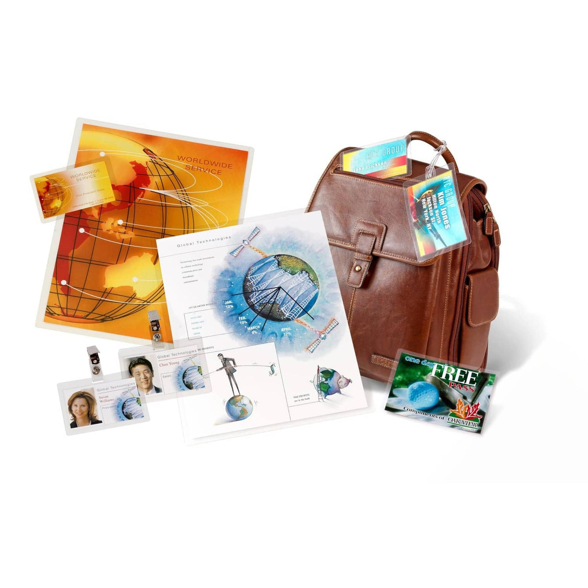 Printed documents and photos with a brown leather bag for laminating protection
