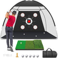 Golf practice net with black target board, tee, turf mat, and carry bag set