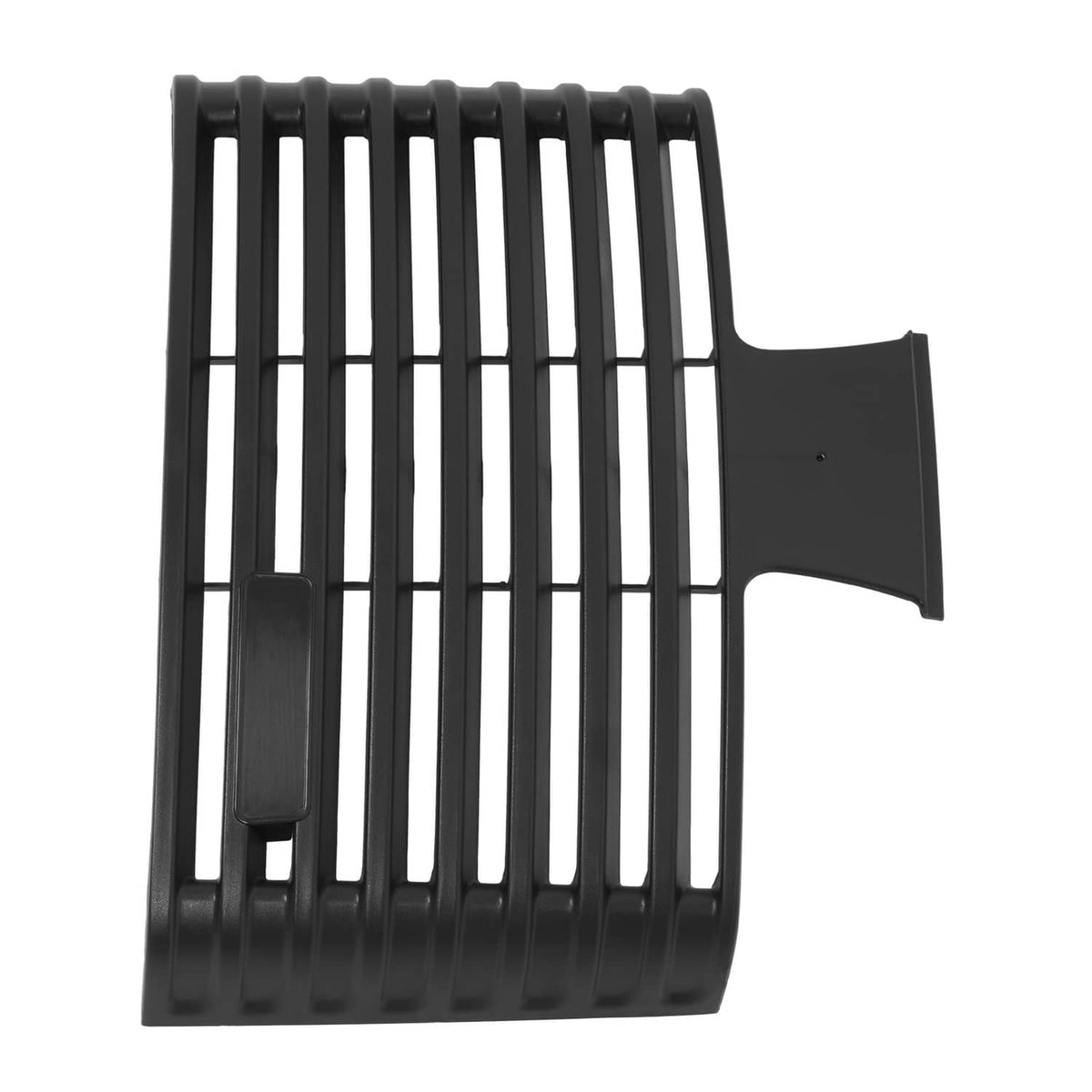 Black front grille with vertical bars and side mounting tabs