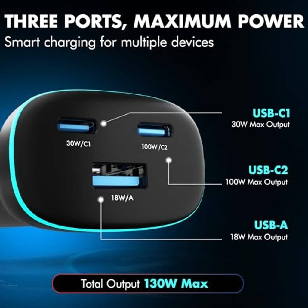 Car charger showing three output ports: USB-C1, USB-C2, USB-A