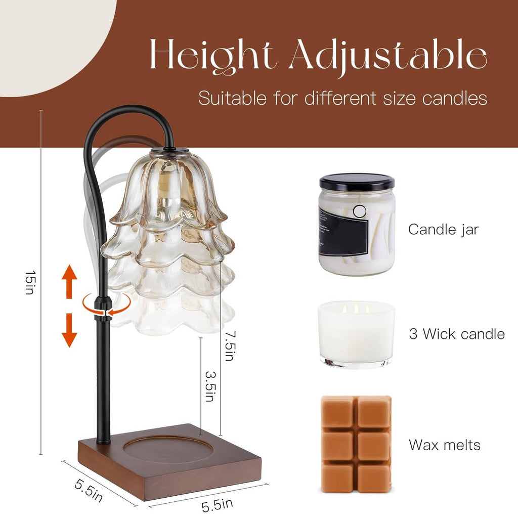 Height-adjustable candle warmer lamp with black stand and gold floral glass shade