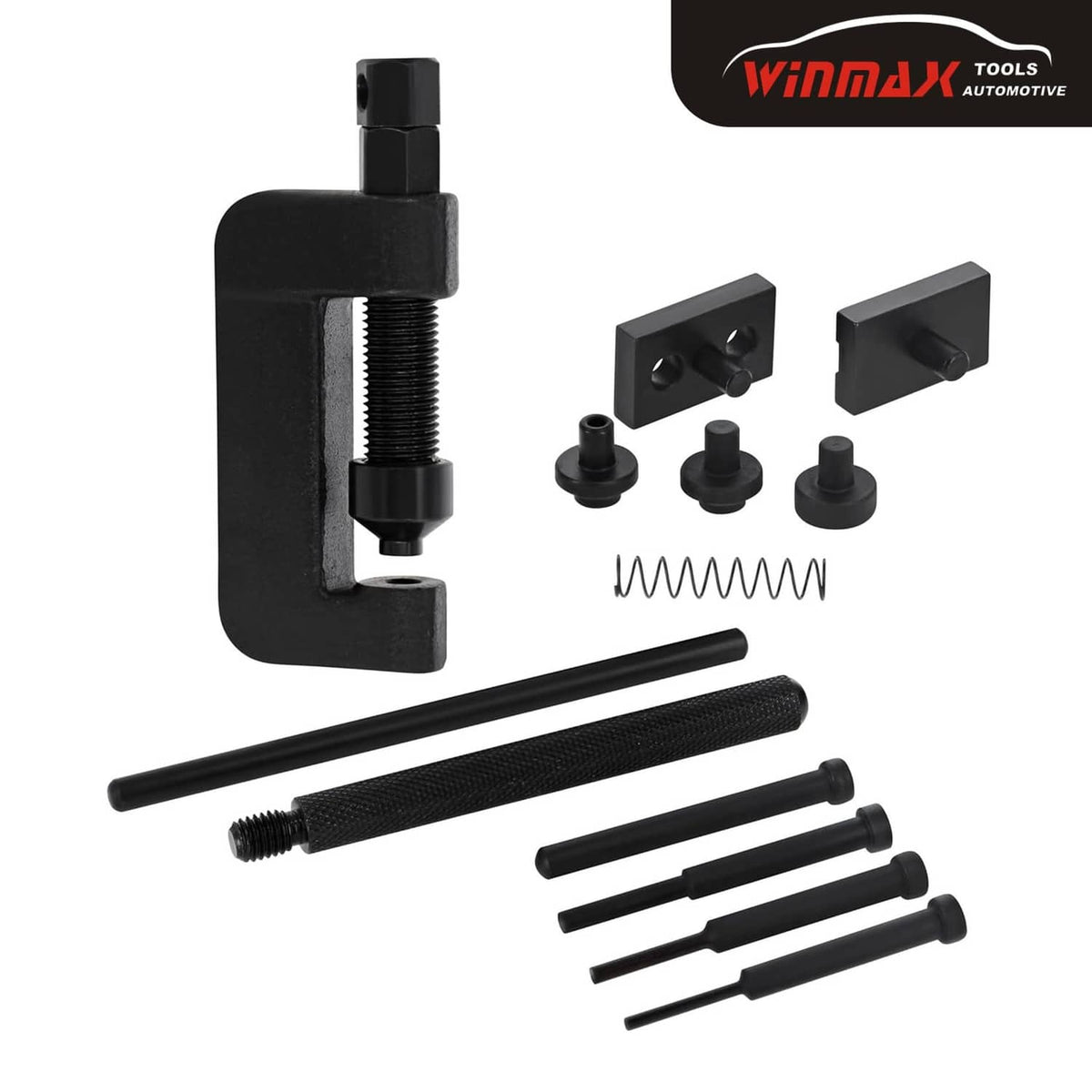 Chain breaker riveter set with black press tool, adapter blocks, springs, and pins