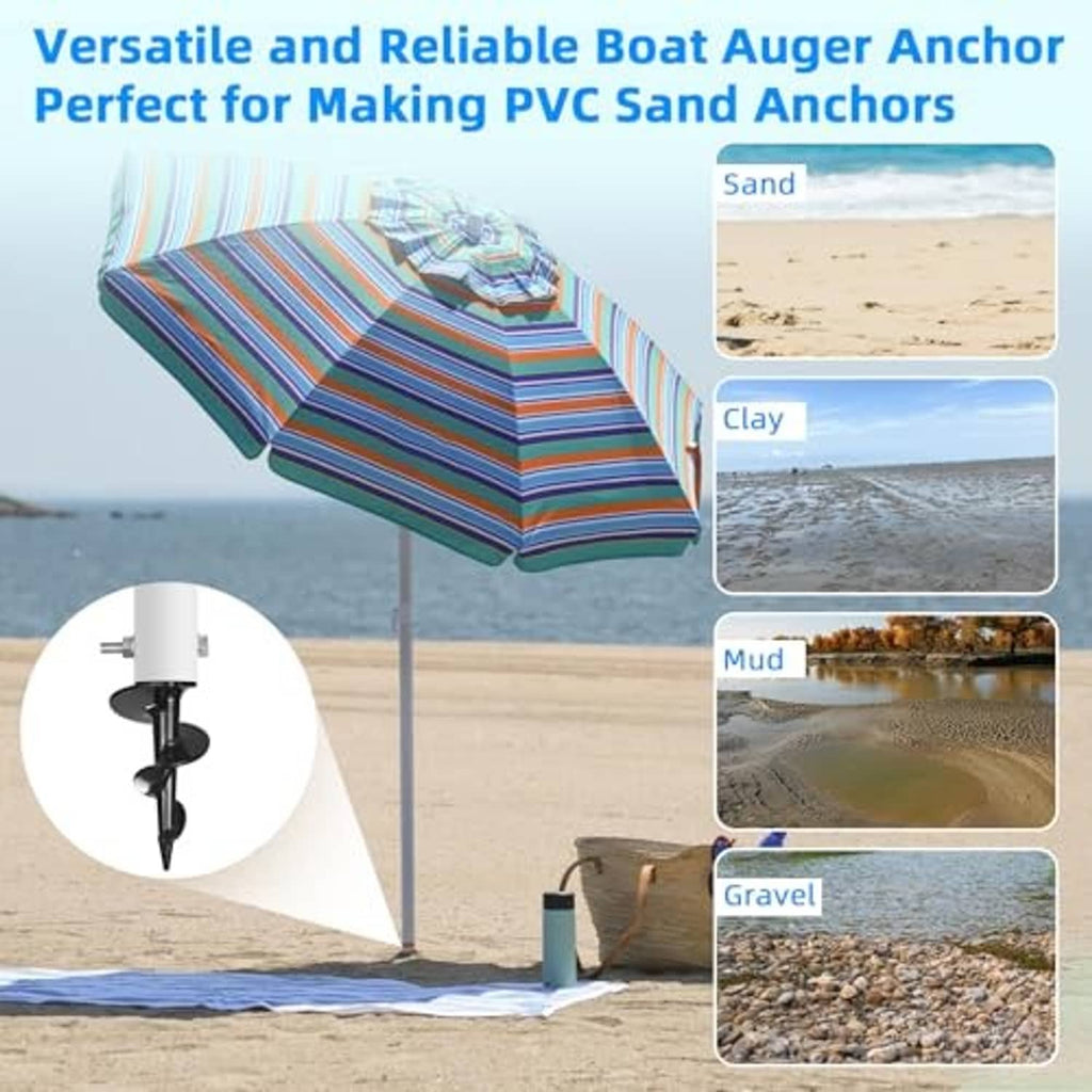 Black spiral boat anchor auger with white mounting pipe for sand and mud substrates