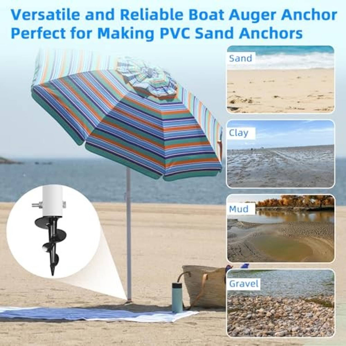 Black spiral boat anchor auger with white mounting pipe for sand and mud substrates