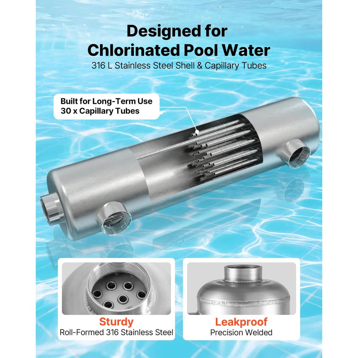 Stainless steel shell-and-tube heat exchanger with visible tube interior