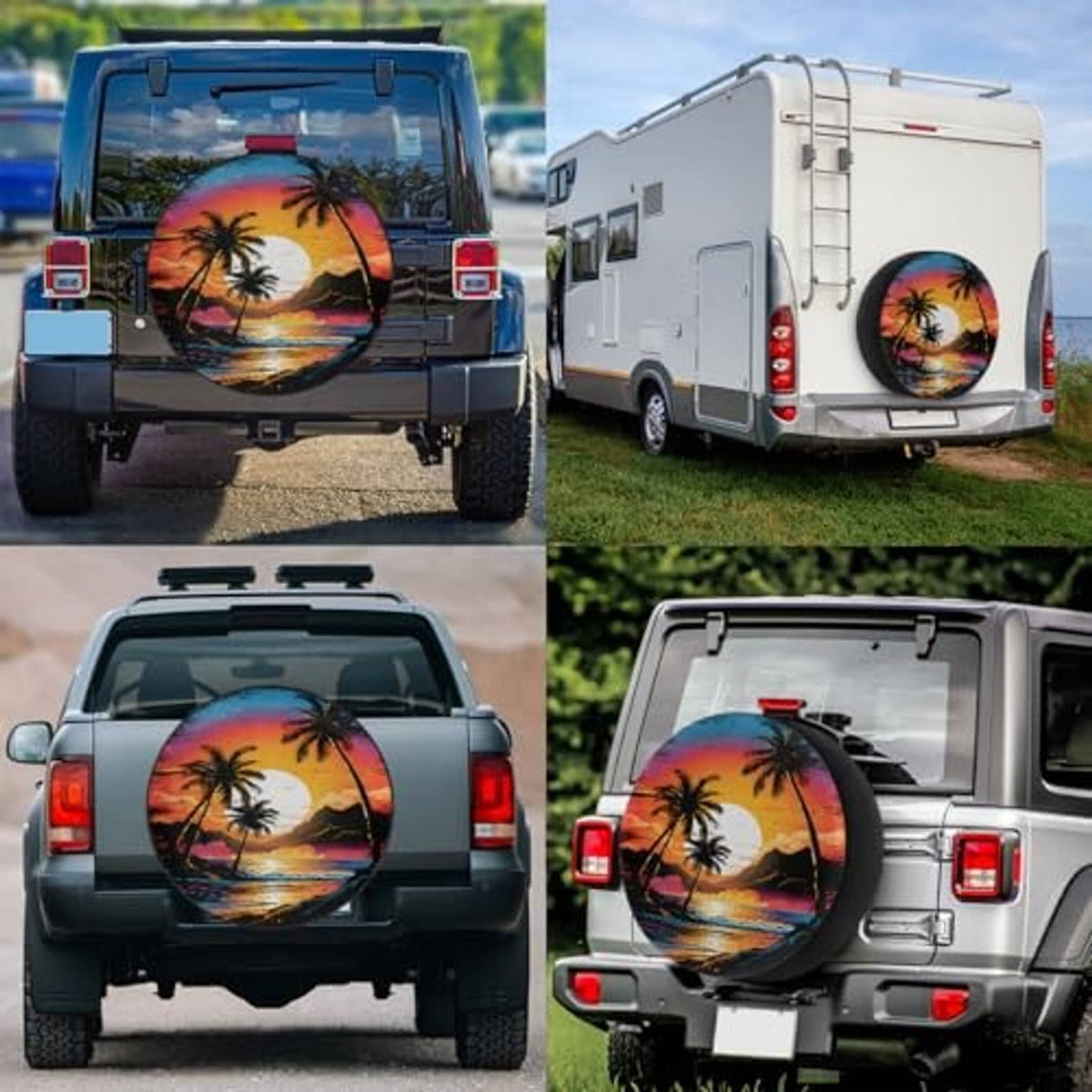 Spare tire cover with tropical palm sunset print shown on an RV rear spare wheel