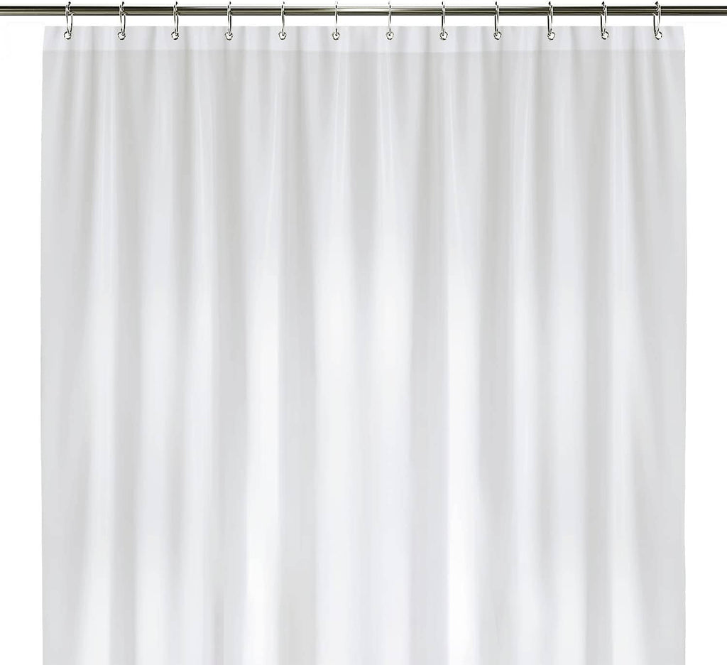 White PEVA shower curtain with metal grommet rings along the top edge