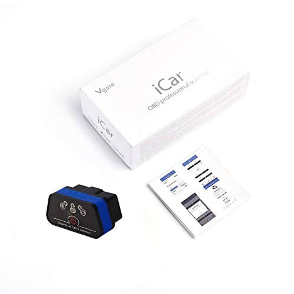 Blue and black OBD2 Wi‑Fi scanner with product box and instruction paper