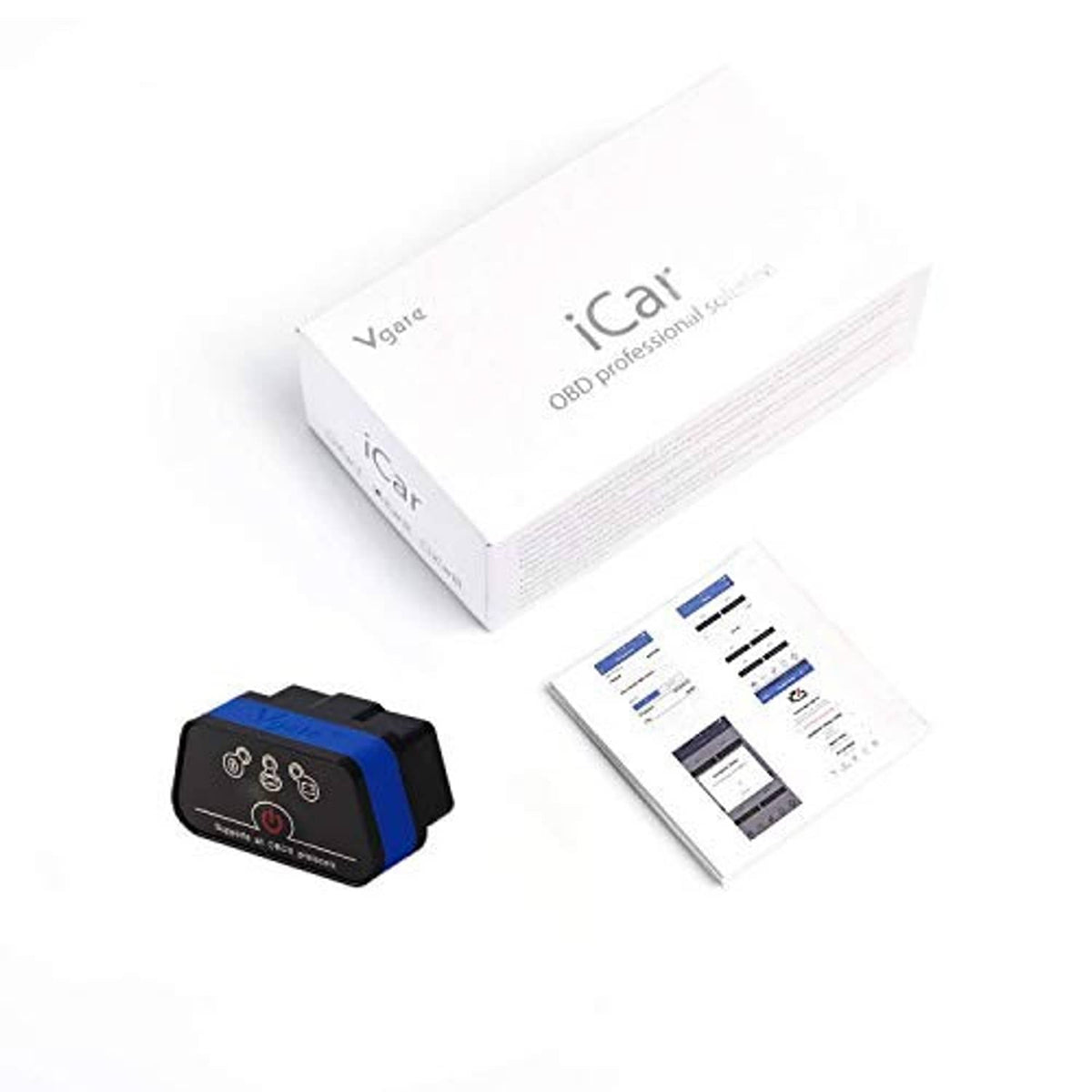 Blue and black OBD2 Wi‑Fi scanner with product box and instruction paper