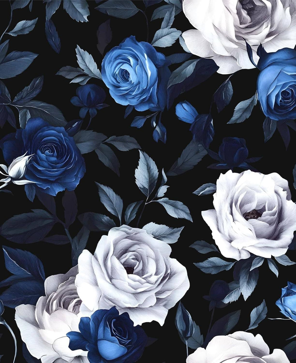 Peel-and-stick floral contact paper with blue and white roses on dark backdrop