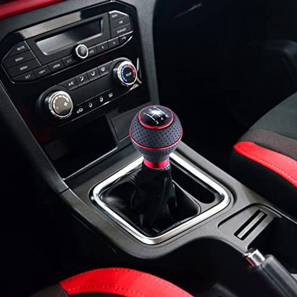 Red-ring perforated leather 5-speed shifter knob installed in car console