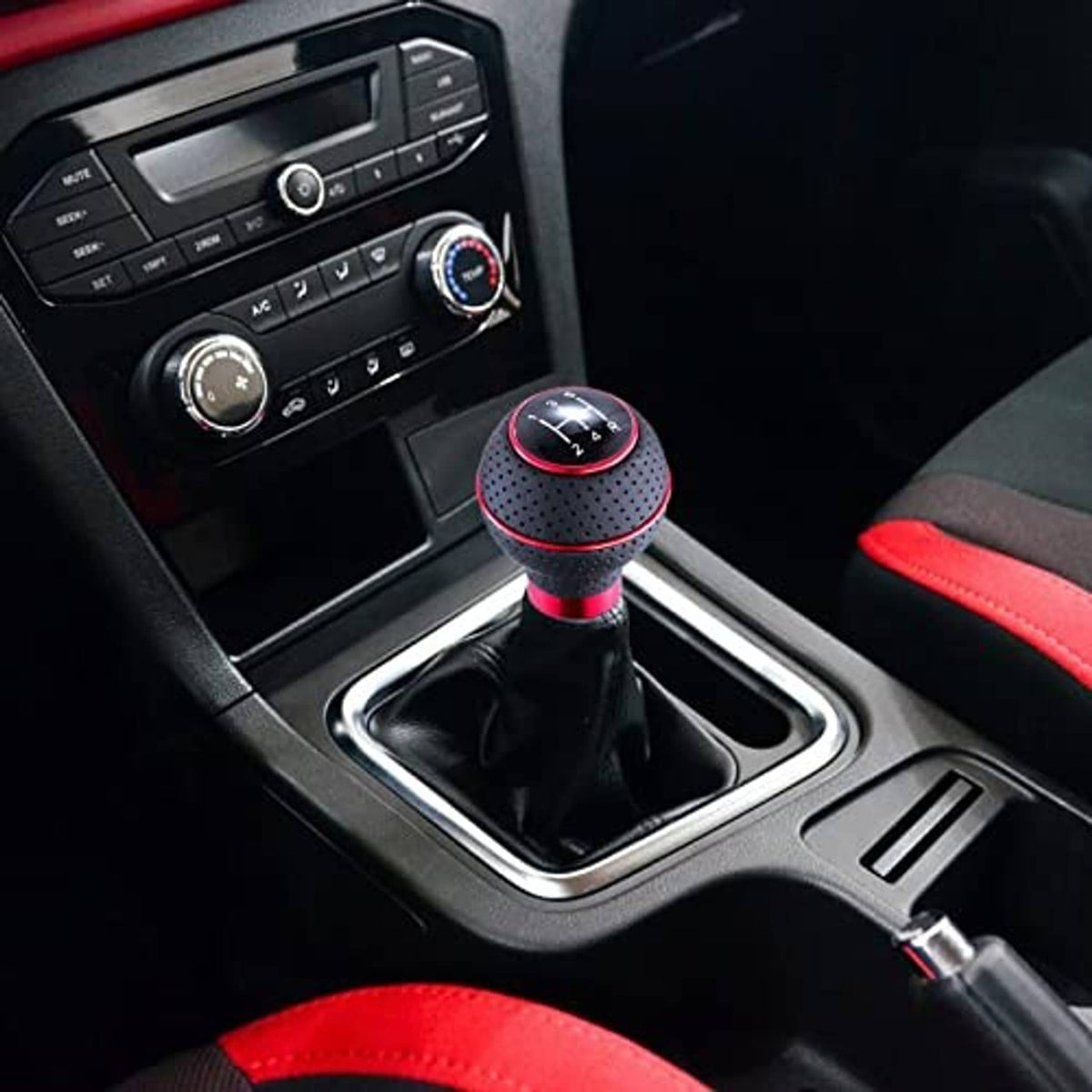 Red-ring perforated leather 5-speed shifter knob installed in car console