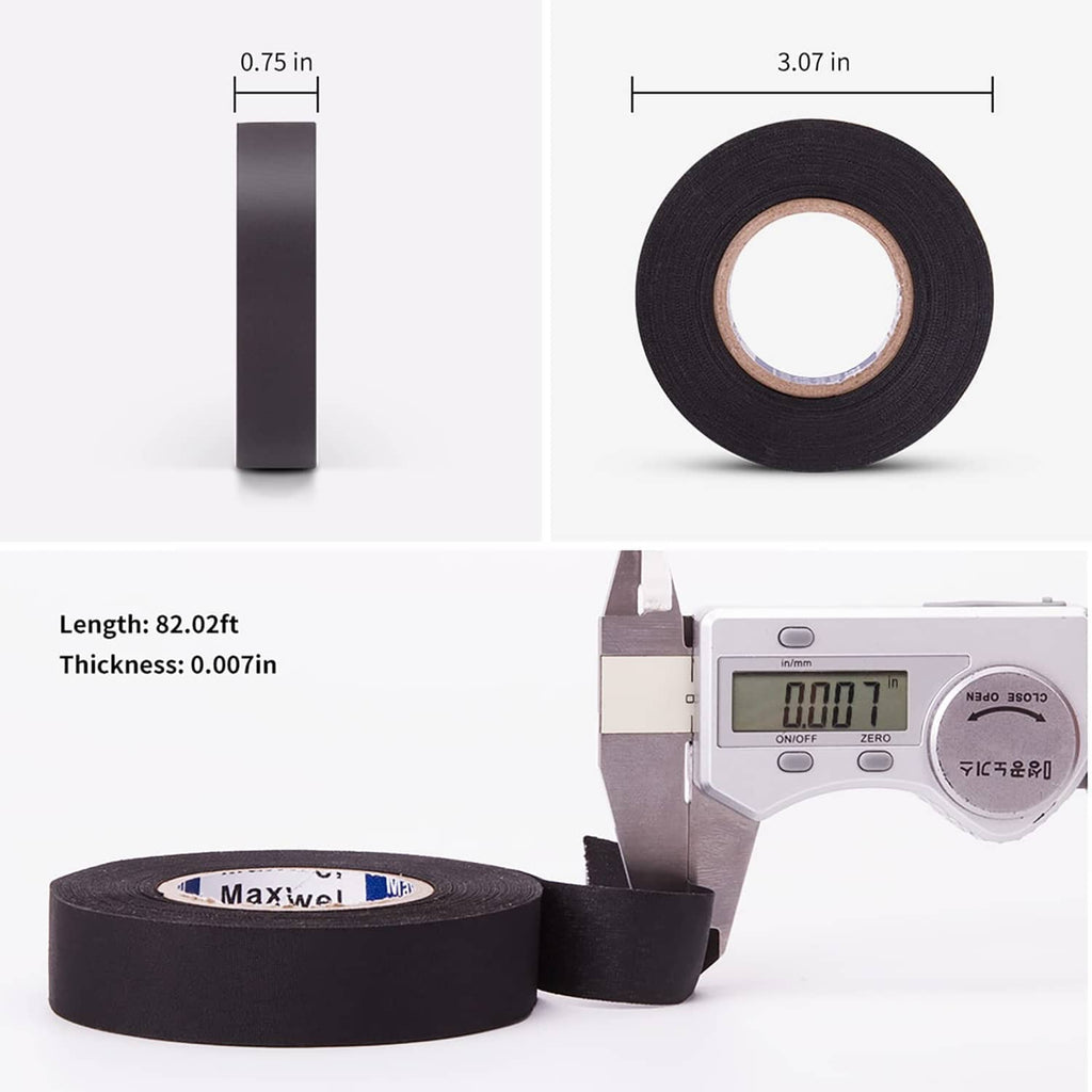 Black cloth tape roll with measured length and thickness in inches