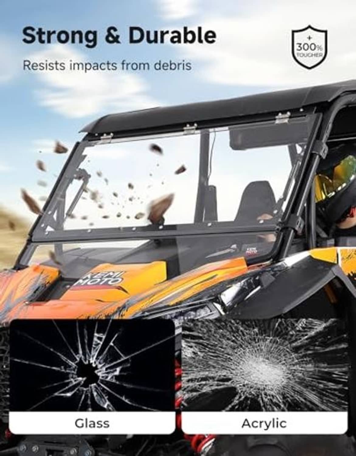 Front windshield panel with impact-resistance test showing clear acrylic