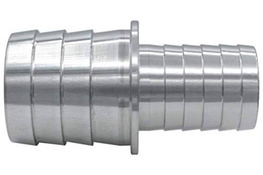 Stainless steel hose barb coupler reducer, side view of ribbed barbs and collar