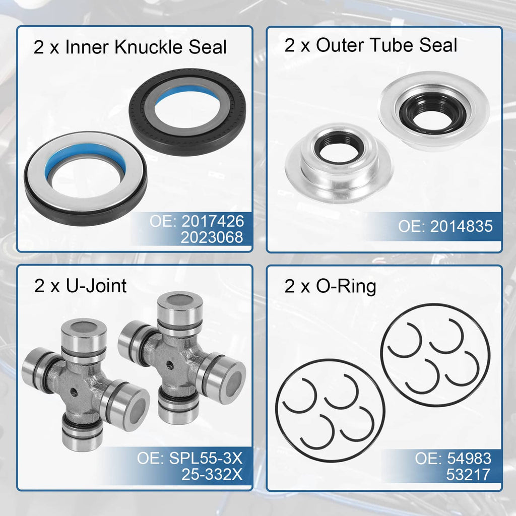 Front axle seal and U-joint kit showing inner knuckle seals, outer tube seals, O-rings
