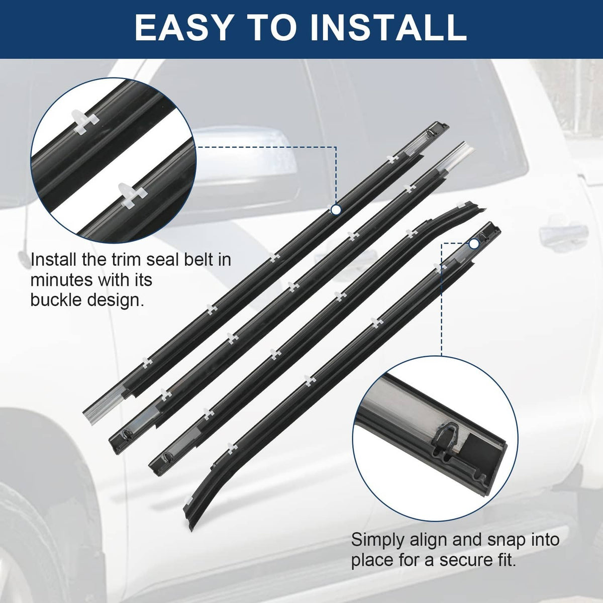 Black trim seal belt set with clip buckles for quick snap-in installation