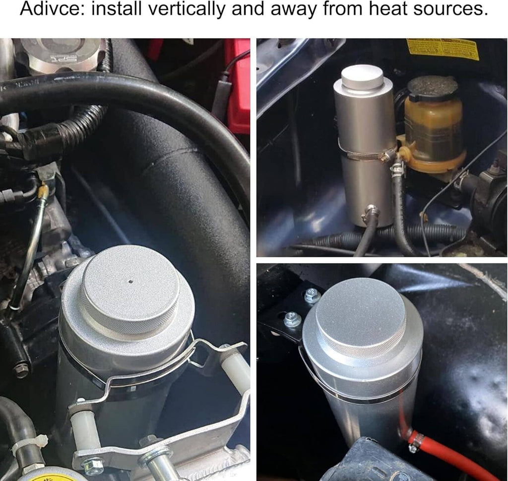 Aluminum coolant catch tank installed in engine bay with cap and connecting hose