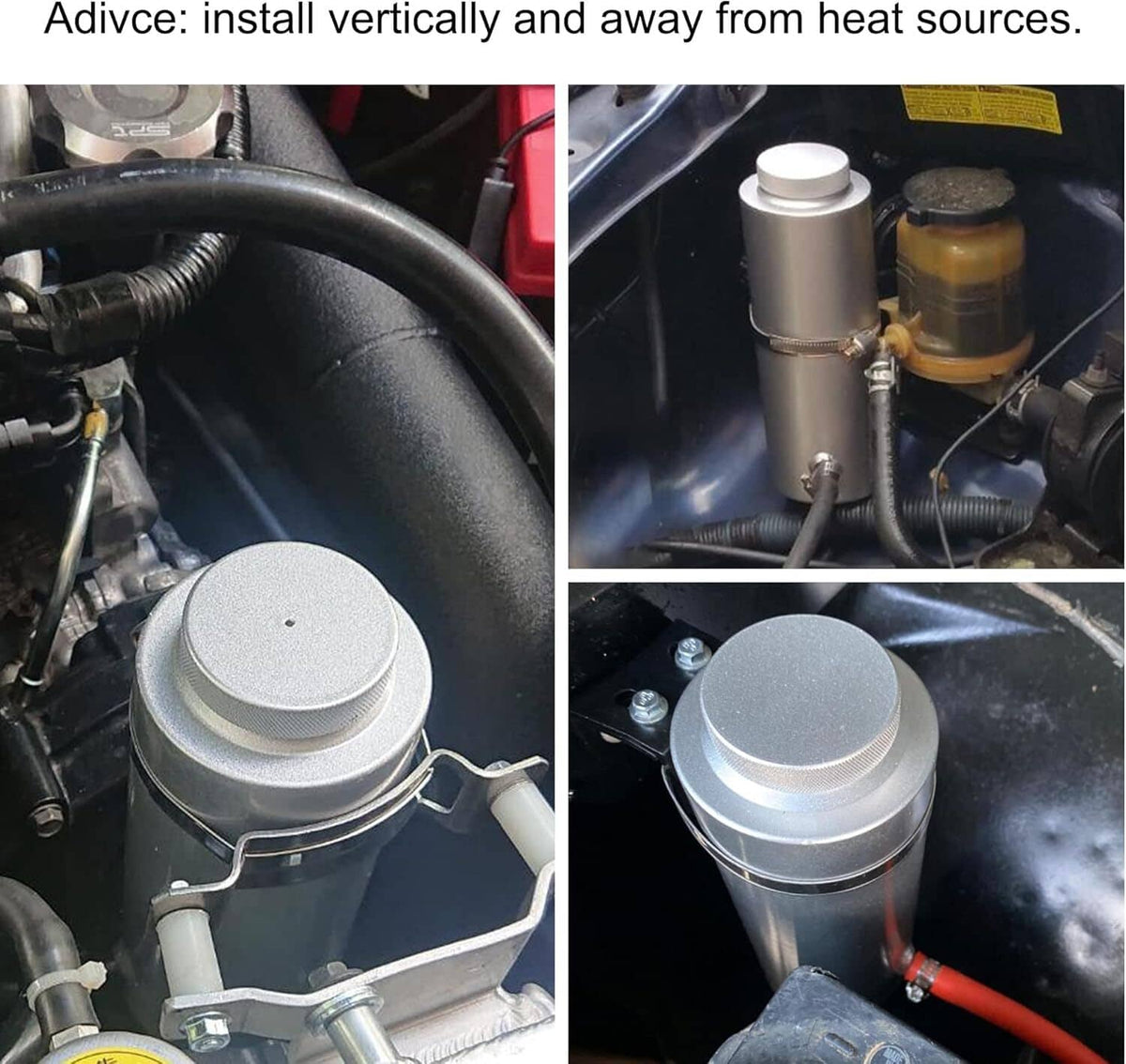 Aluminum coolant catch tank installed in engine bay with cap and connecting hose