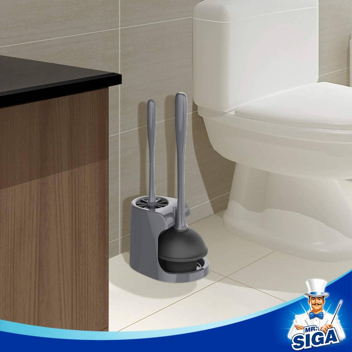 Toilet plunger and brush combo stored in a gray stand beside the toilet