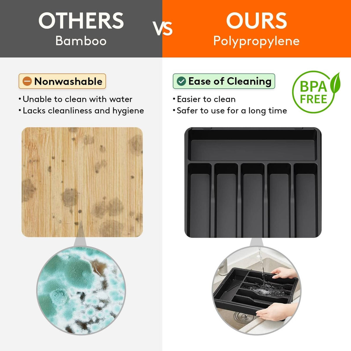 Dark utensil drawer organizer tray, shown in black with an easy-clean design