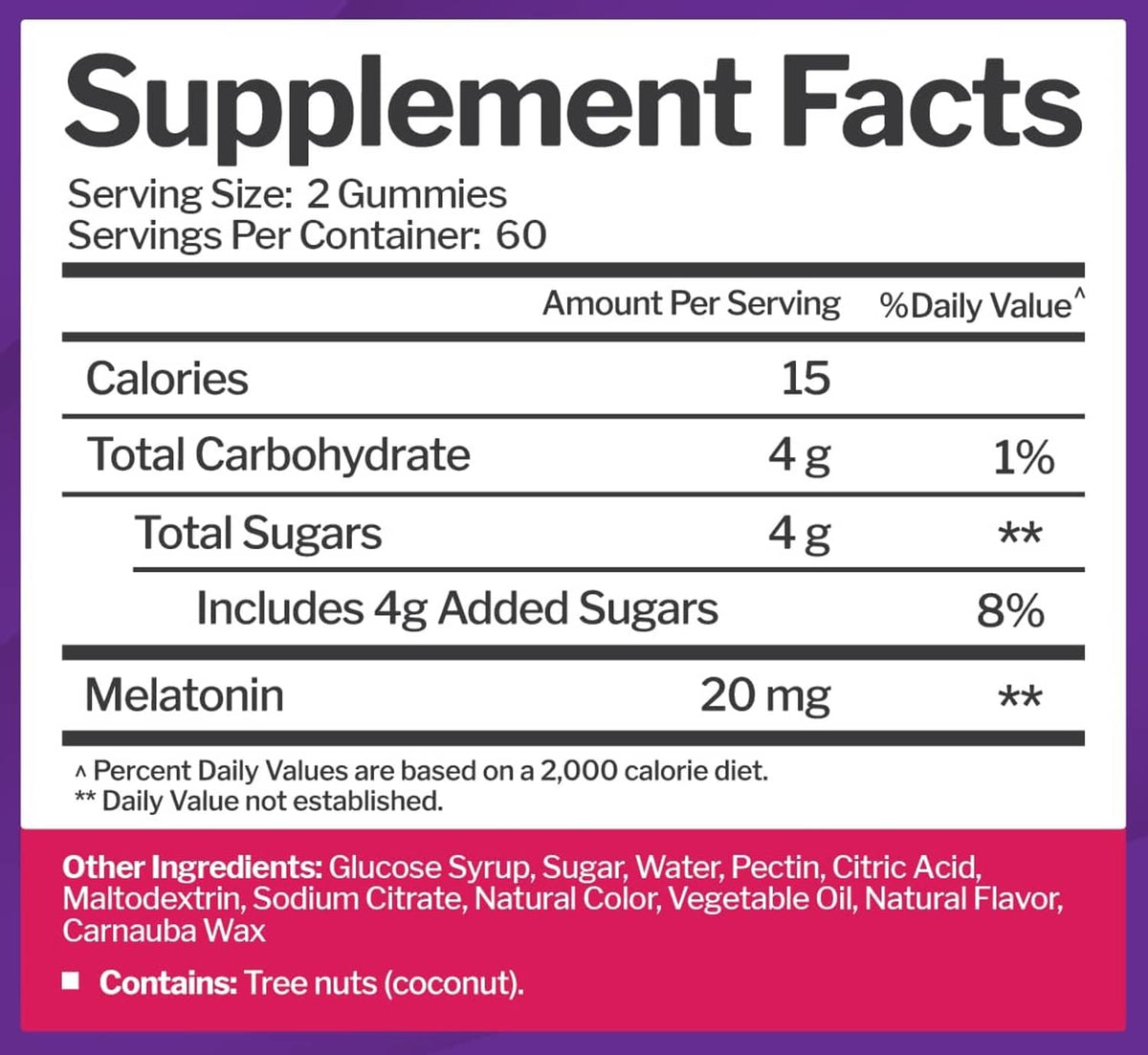 Melatonin gummies Supplement Facts panel, 2 gummies serving size, 20 mg melatonin