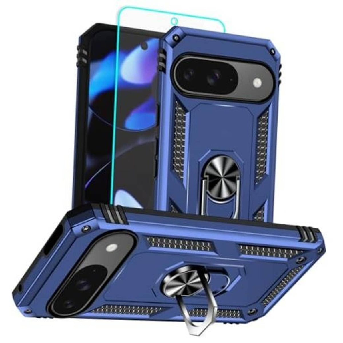 Blue rugged phone case with raised camera bezel and ring kickstand, for Pixel 9/9 Pro