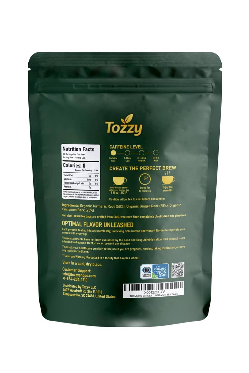Turmeric ginger cinnamon tea pouch back with Nutrition Facts and caffeine-free info