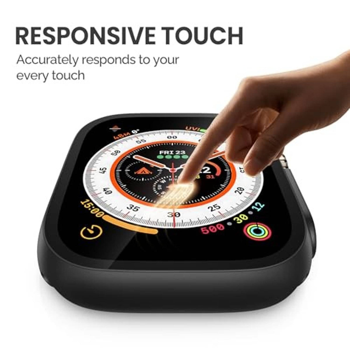 Black tempered-glass screen protector on smartwatch case with finger touch