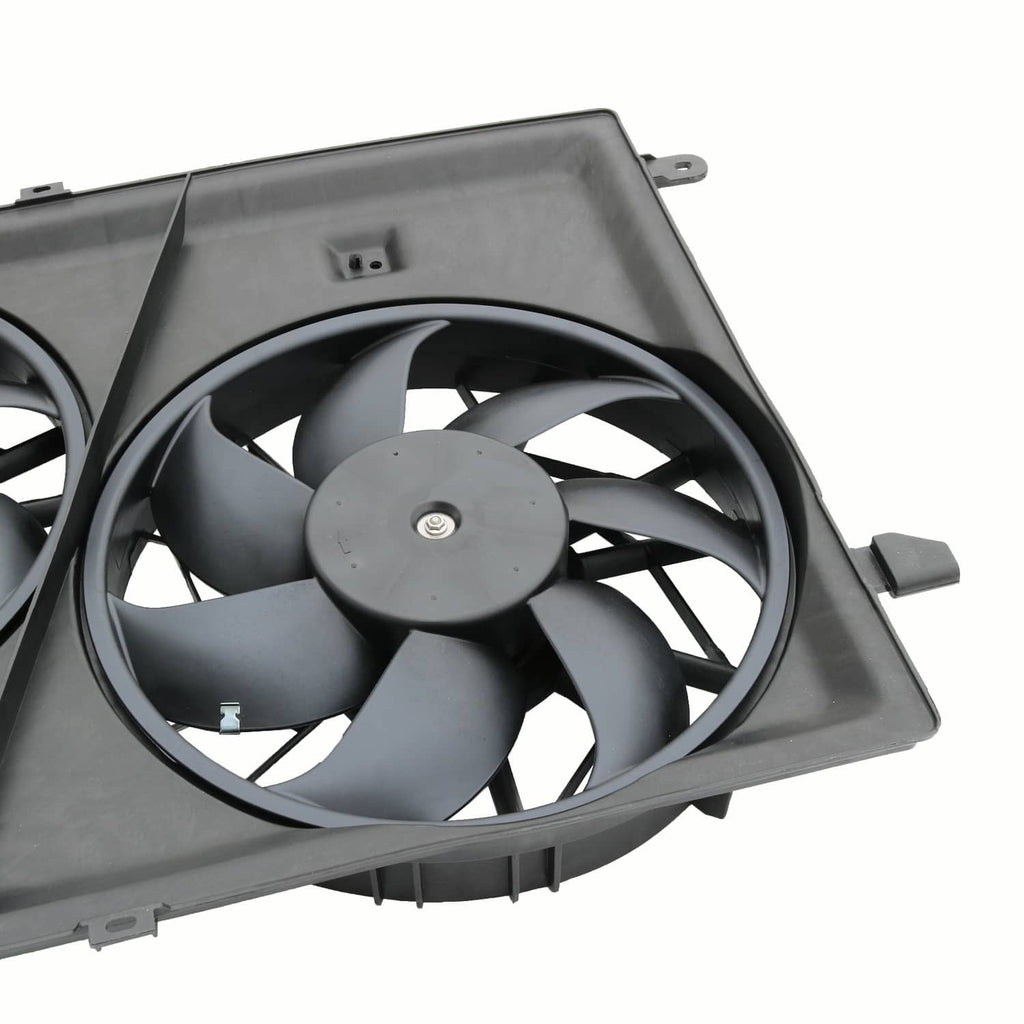 Black dual cooling fan with close-up of one fan blade and shroud vent panel