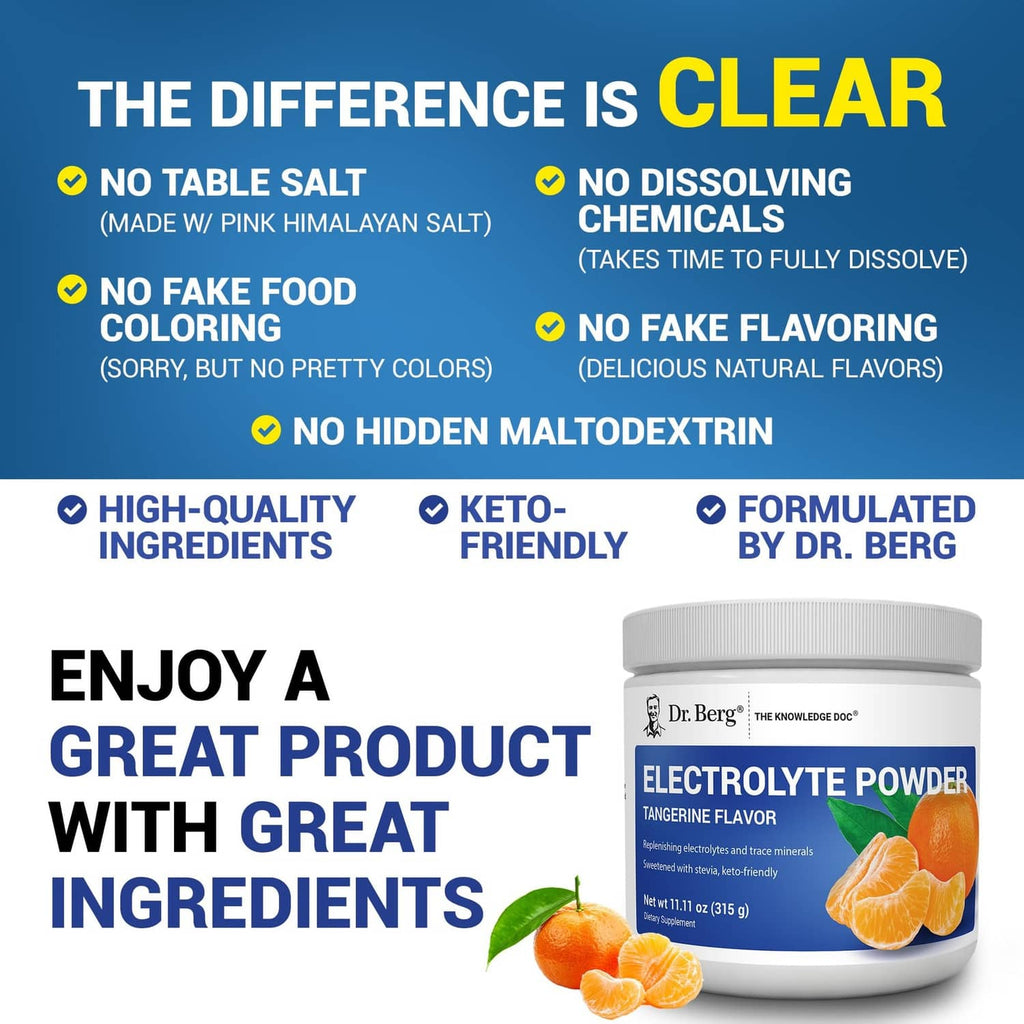 Dr. Berg electrolyte powder jar with ingredients and benefits text panel, white jar