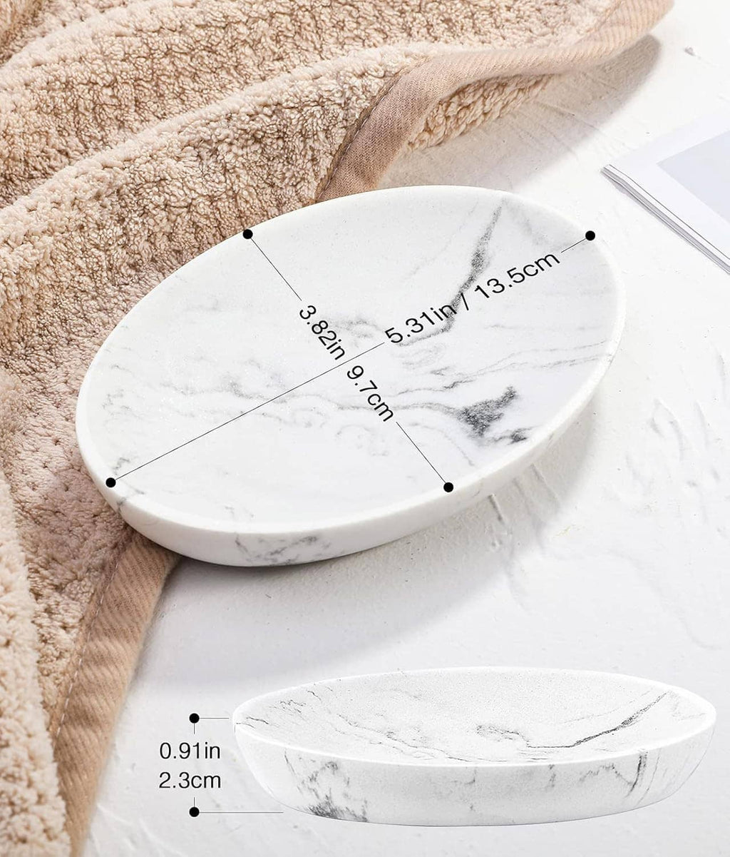 White marble-pattern oval soap dish tray with size guide measurement marks