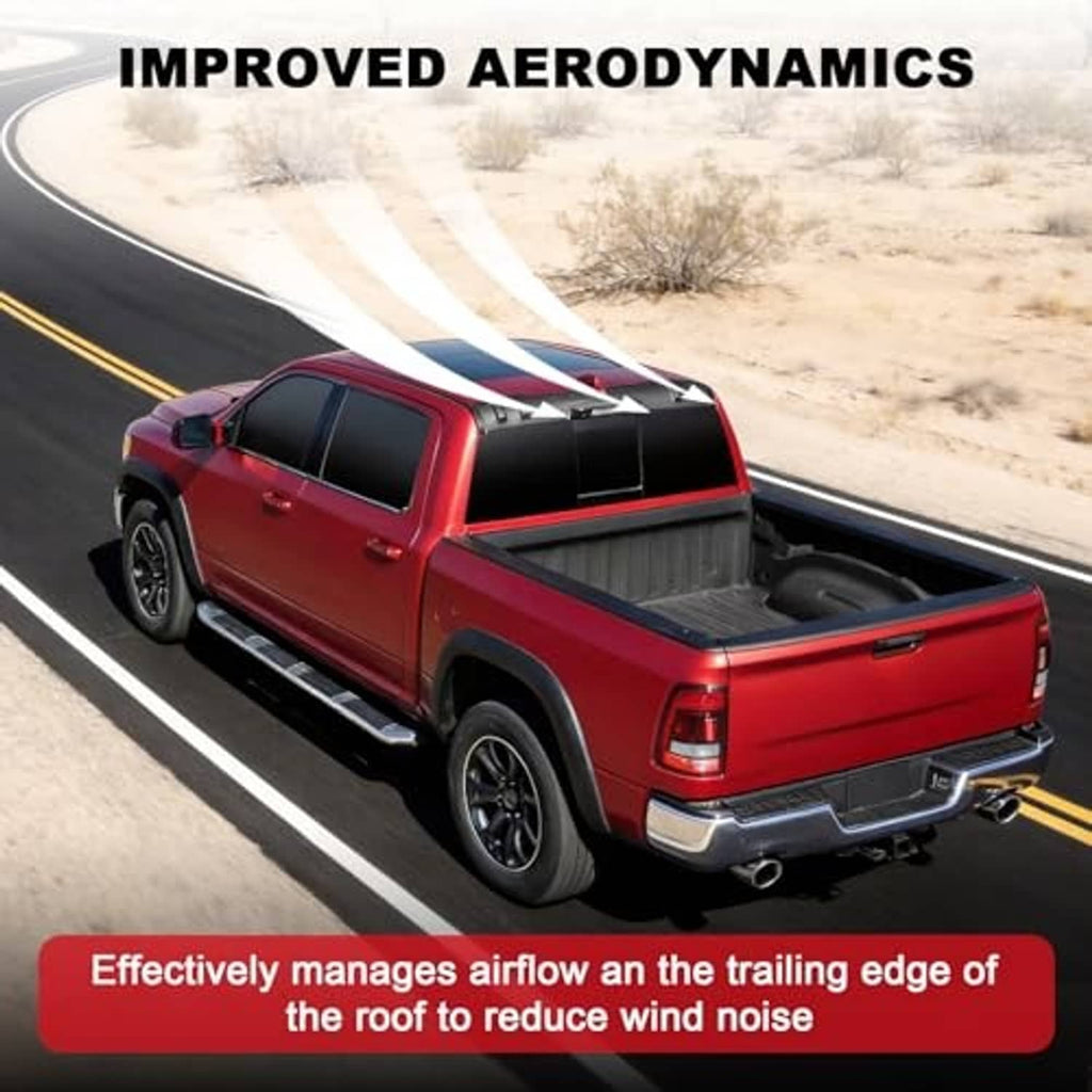 Black rear roof spoiler protector on pickup truck bed roof area