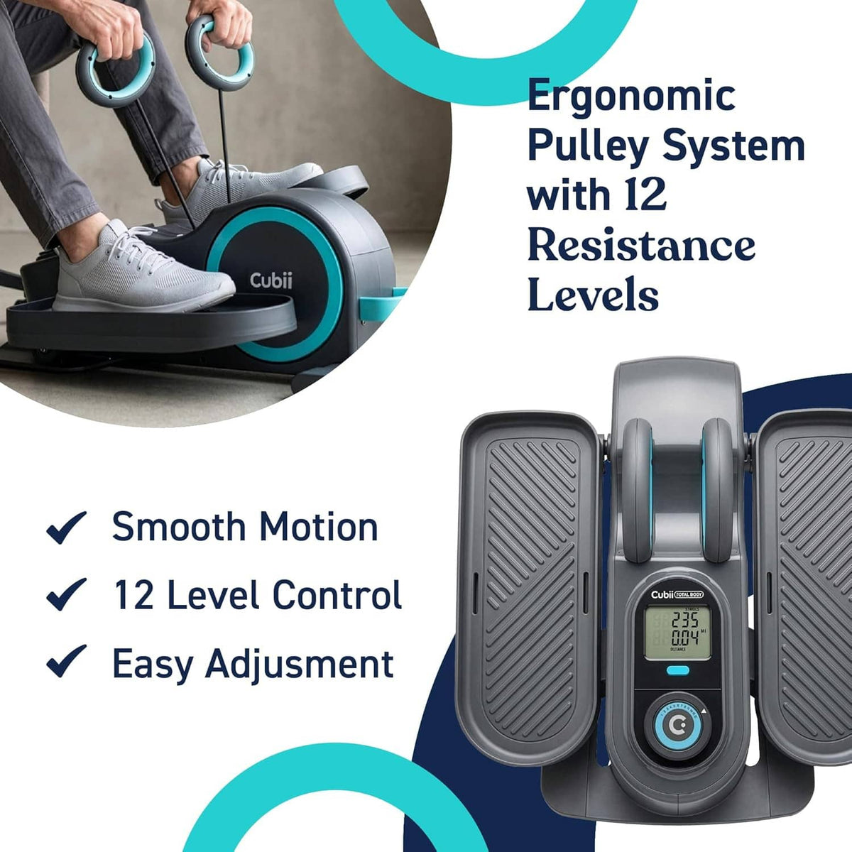 Under-desk elliptical trainer display and pulley handles, black with teal accents