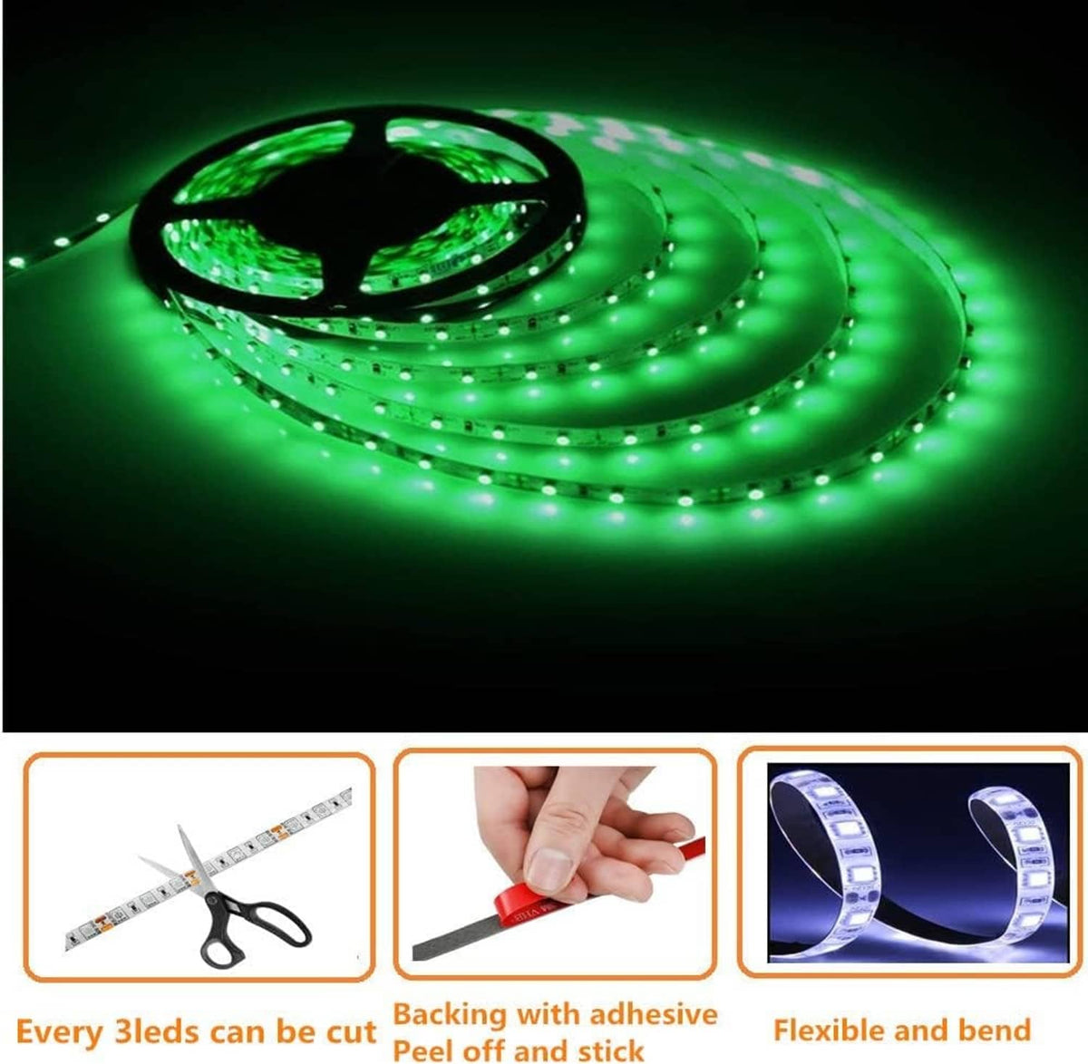 Green LED strip lights glowing, showing adhesive backing and cuttable segments