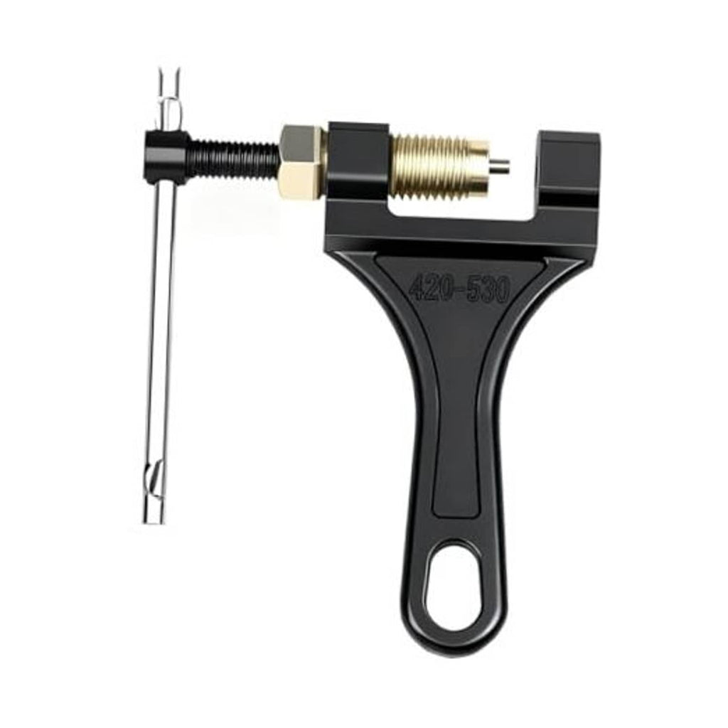 Adjustable motorcycle chain breaker tool with black handle and gold screw clamp
