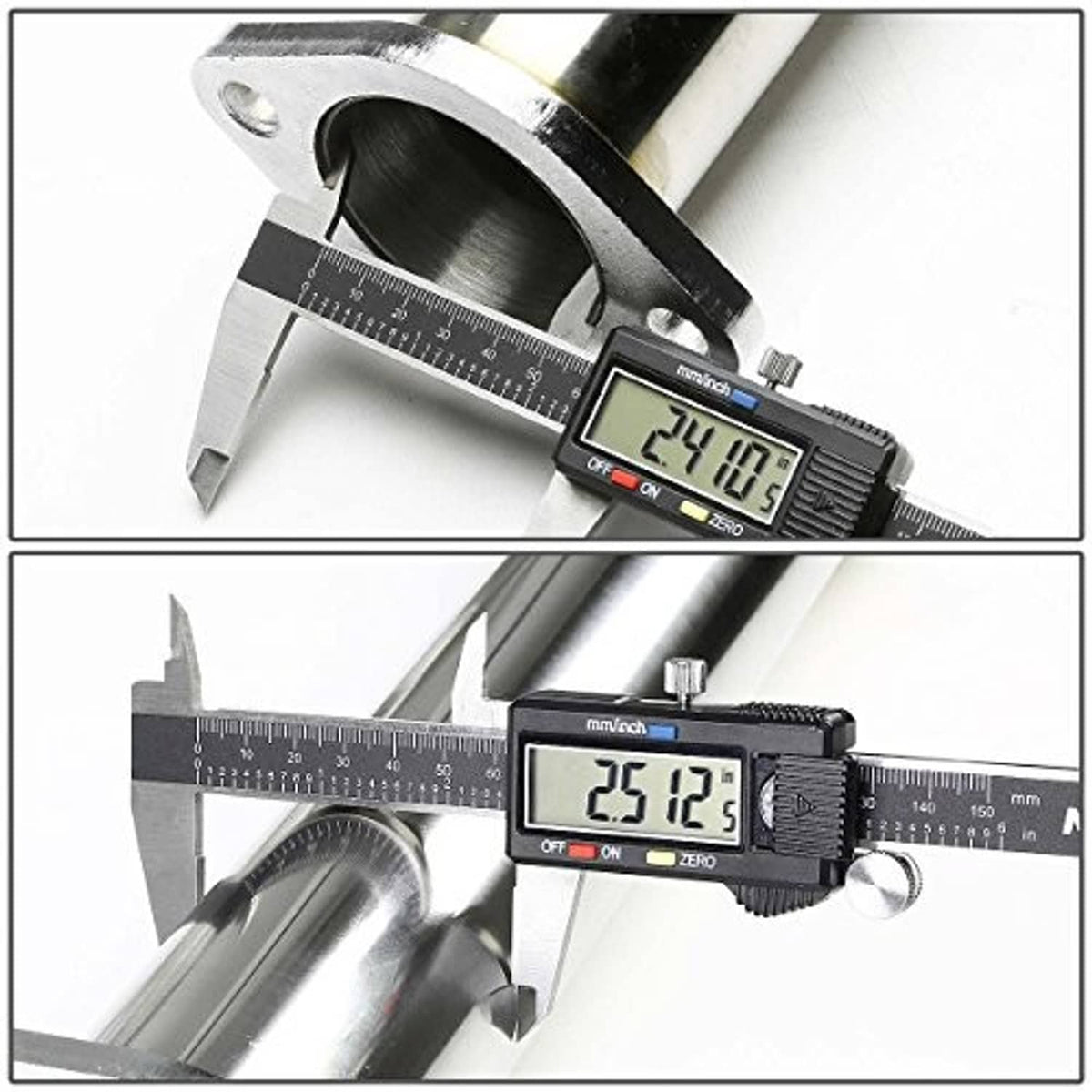 Stainless steel exhaust outlet measurement with digital caliper and vernier ruler