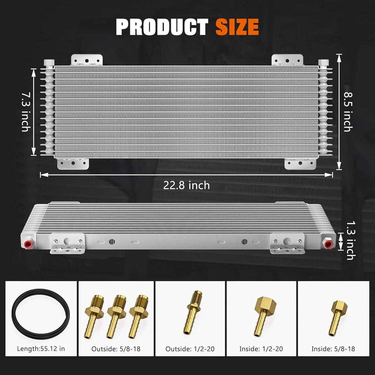 Transmission oil cooler size diagram showing 22.8 in length and 13.1 in height.