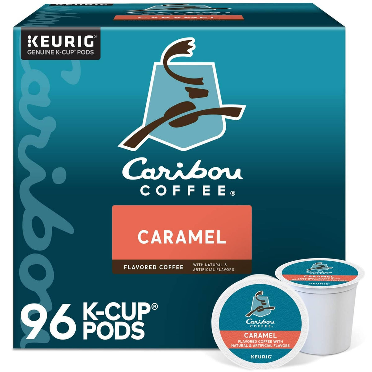 Caribou Coffee Caramel KEURIG K-Cup pods box with 1 pod cup, 96-count