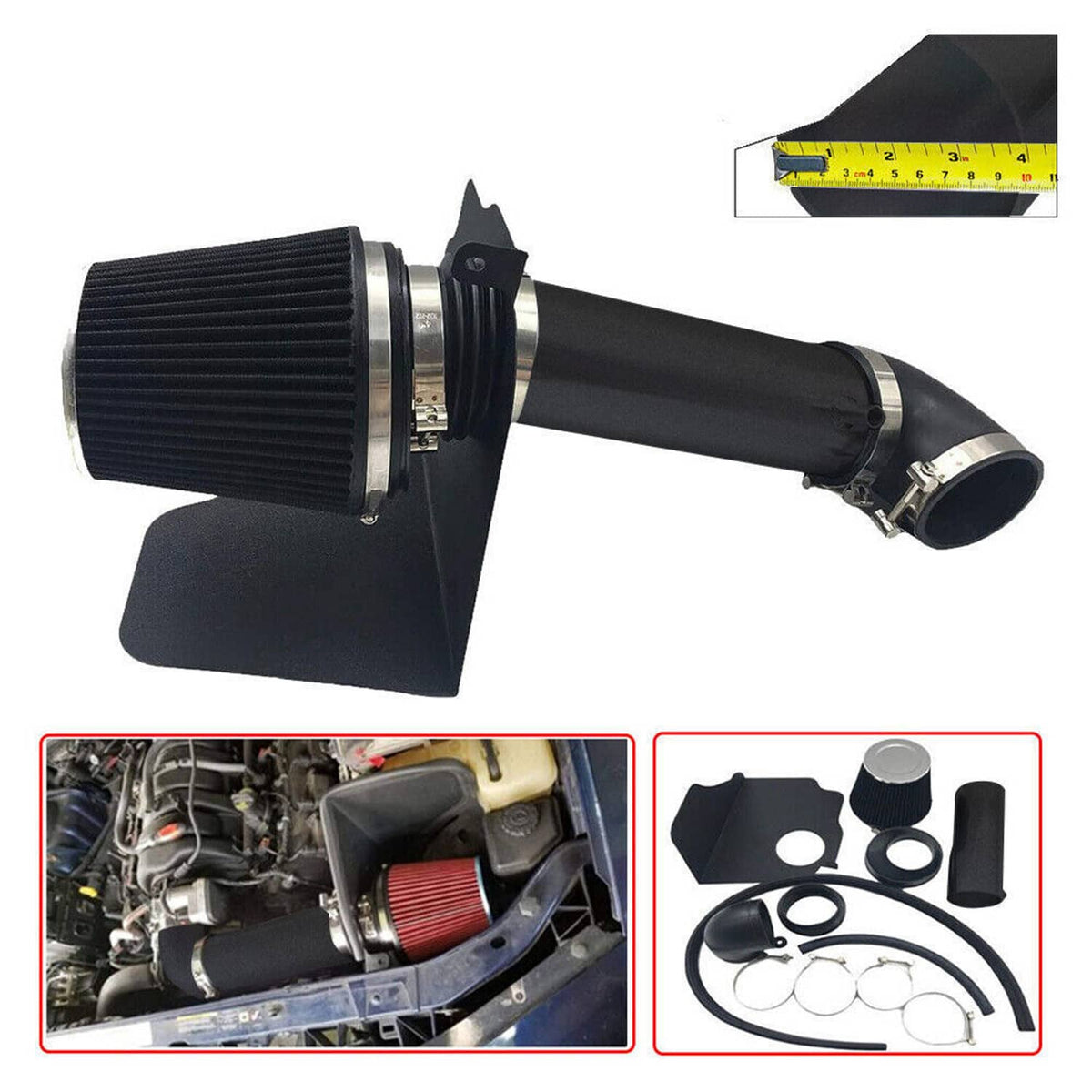 Black 4-inch cold air intake kit with cone air filter and heat shield