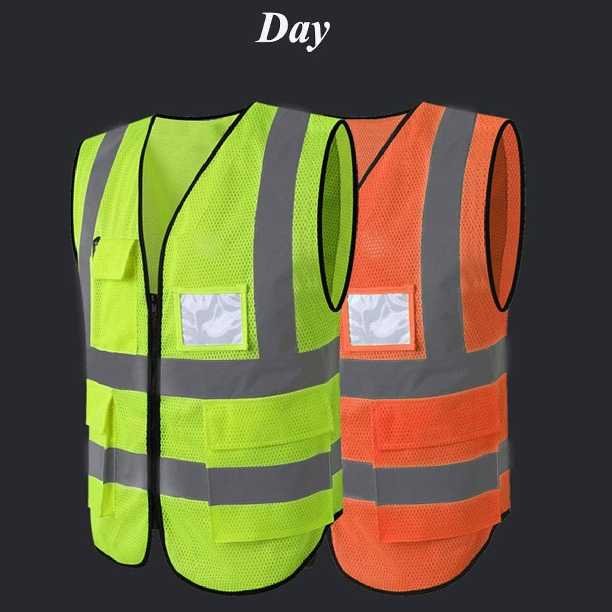 High-visibility safety vest pair: lime yellow and orange mesh with wide silver reflective bands