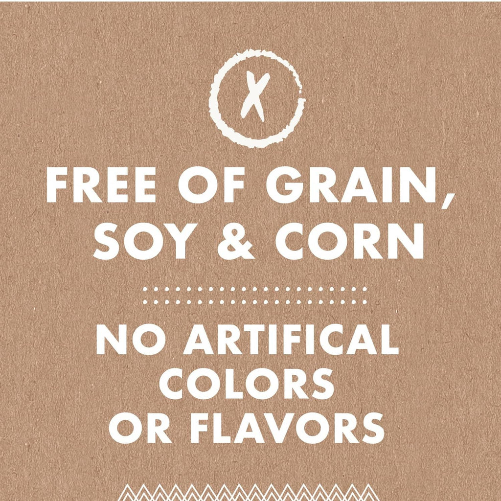 Dog treat pouch panel stating free of grain, soy, and corn, no artificial flavors